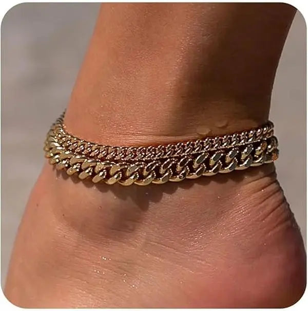 Wasserdichtes vergoldetes Cuban Link Fußkettchen-Set für Damen