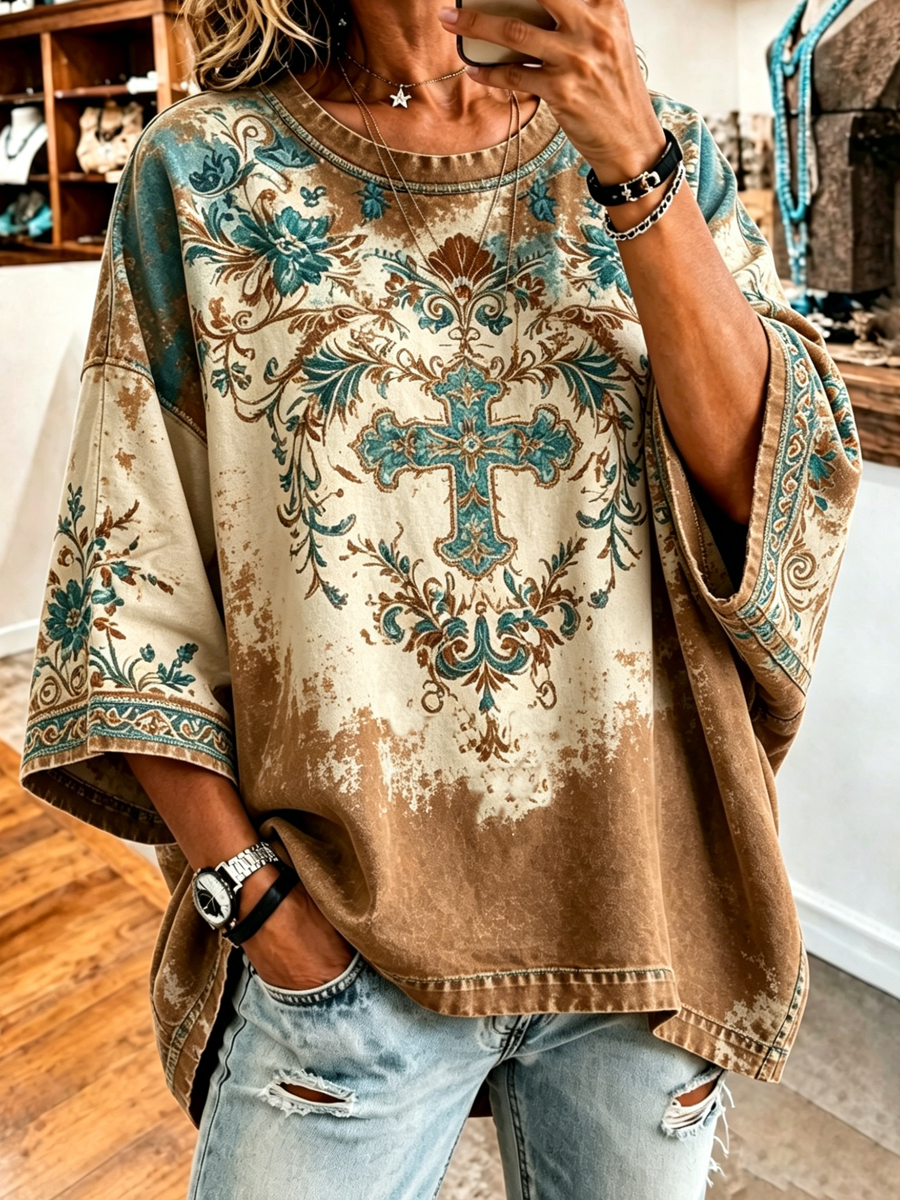 Damen Retro Western Style Cross Faith Loose Top