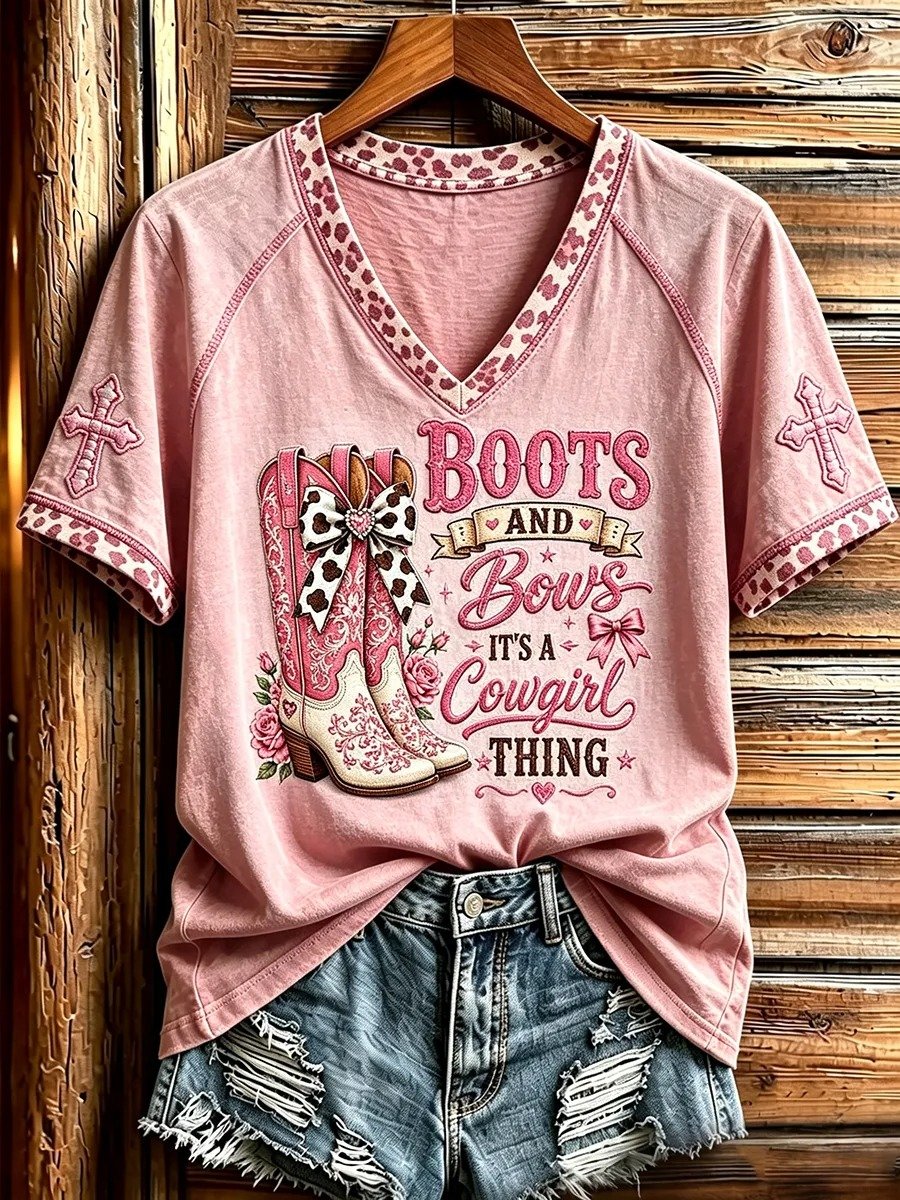 Women's Western Cowgirl Boots And Bows Cross Print V-neck Short-sleeved T-shirt