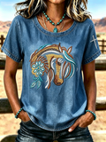 Damen T-Shirt mit Rundhalsausschnitt und Tierkreuzmuster im Westernstil