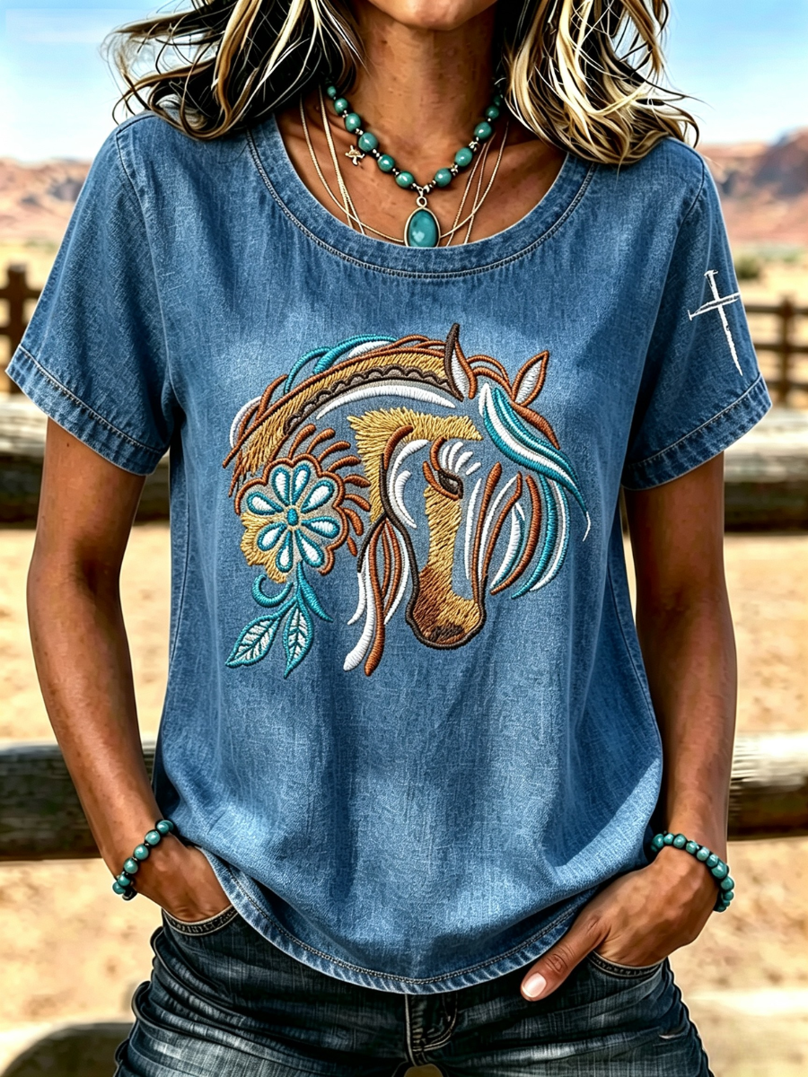 Damen T-Shirt mit Rundhalsausschnitt und Tierkreuzmuster im Westernstil