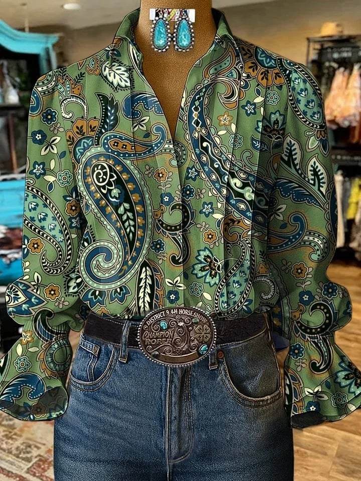 Damen lässiges Westernhemd mit Puffärmeln und Muster
