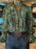Damen lässiges Westernhemd mit Puffärmeln und Muster