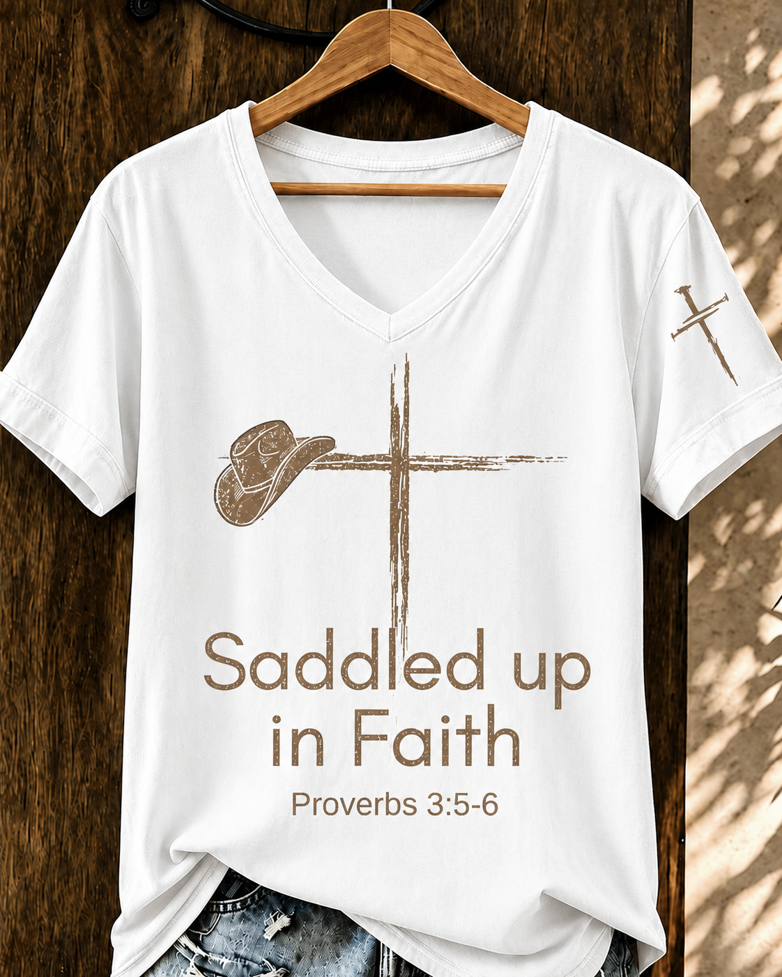 Women'S Retro WesternSaddled Up in Faith  V-Neck T-Shirt