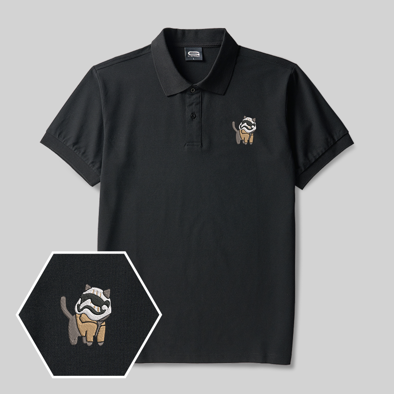 White Soldier Cat Geek Embroidered Polo Shirt