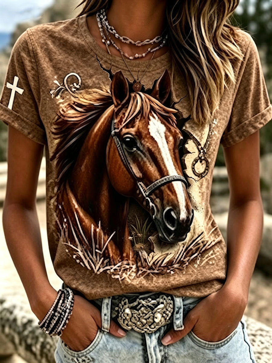 Damen T-Shirt mit Rundhalsausschnitt und Western-Kreuz-Muster