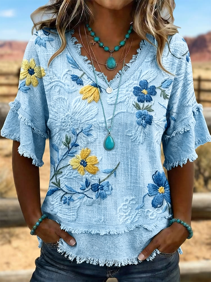 Women'S Vintage Art Patchwork Cotton And Linen Shirt