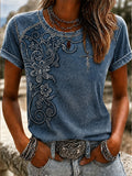 Damen-T-Shirt mit Western-Kreuz-Kunst, Blumen- und Glaubensmotiv und Rundhalsausschnitt