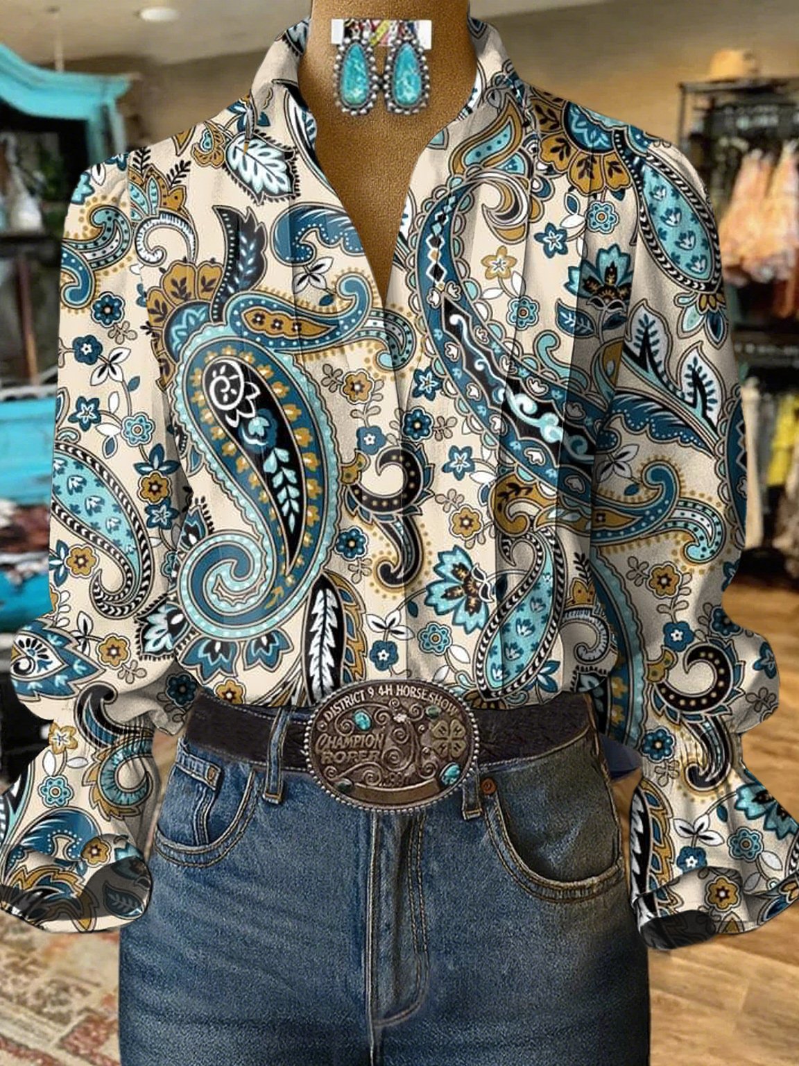 Chemise à motifs décontractée et manches bouffantes de style western pour femme