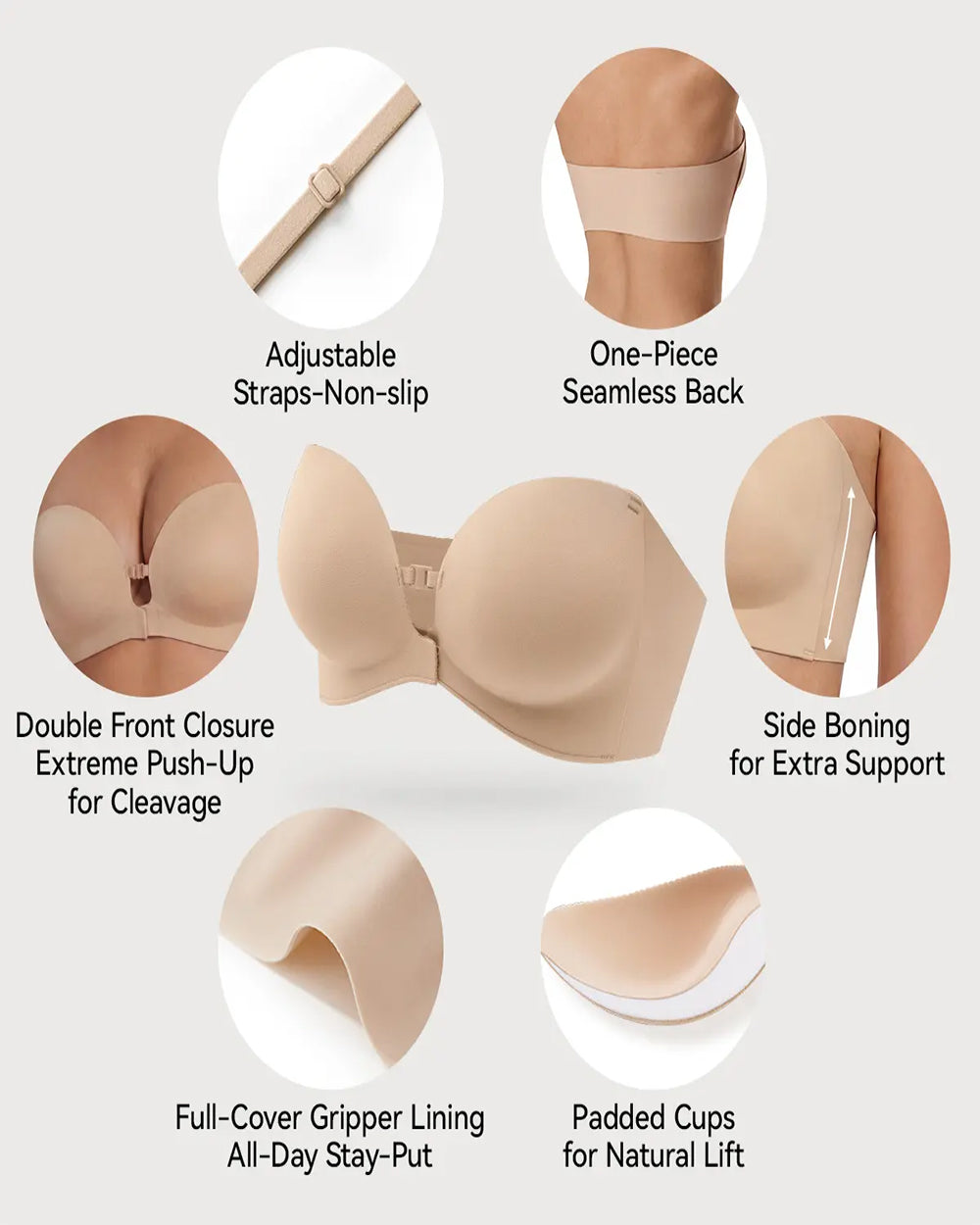 Women's Strapless Bra with Dual Front Buckle | Anti-Slip Wireless Full Support Bra
