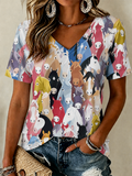 Damen Retro T-Shirt mit ethnischem Kunstdruck und Rundhalsausschnitt