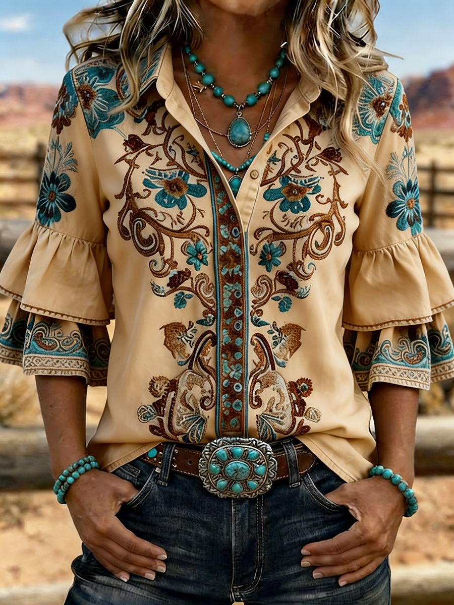 Women's Western Floral Embroidered Denim Bell Sleeve Shirt