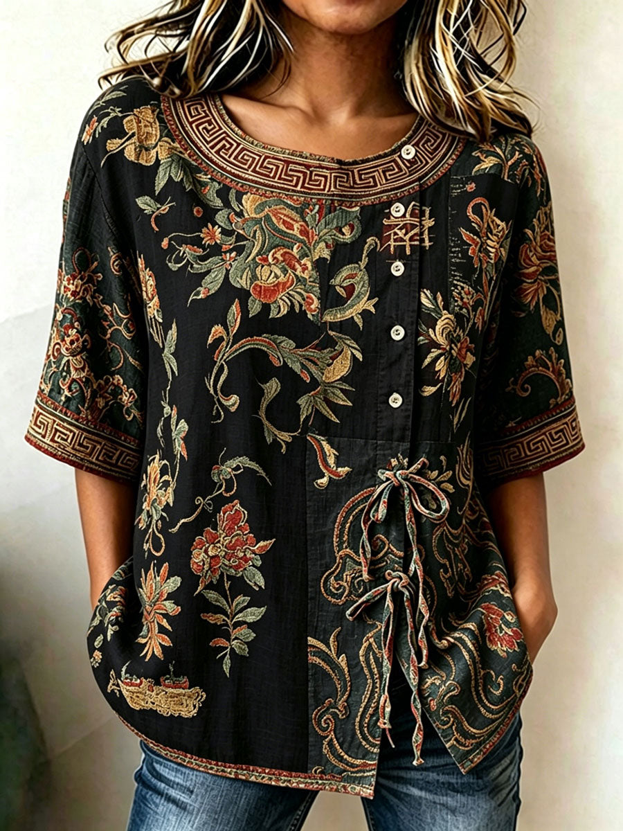 Women'S Casual Print Cotton Linen Top