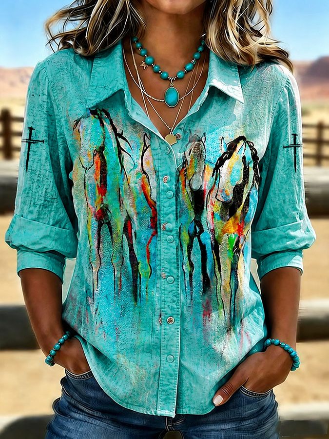 Women'S Western Style Cross Retro Printed Shirt