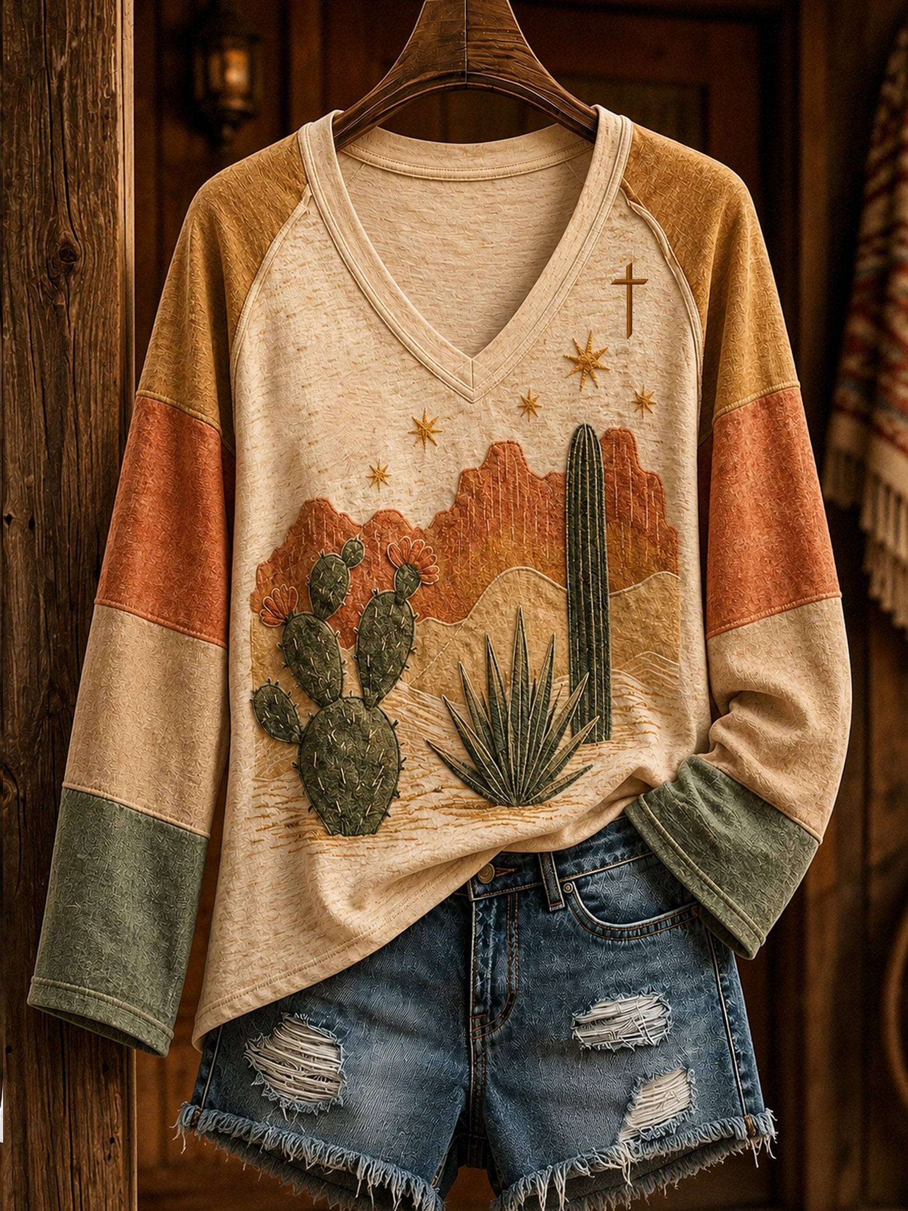 Damen Retro Western Wüstenmuster V-Ausschnitt Oberteil