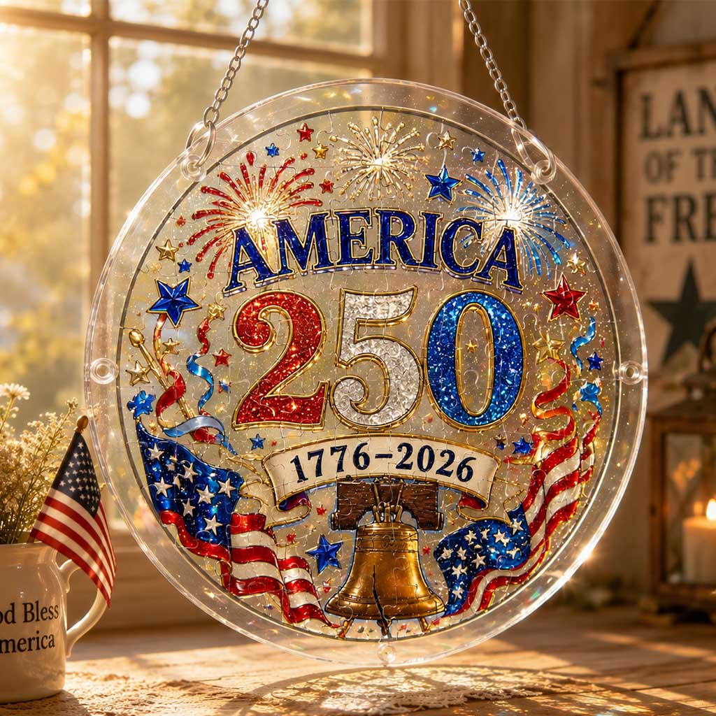 Amerika 250 Acryl-Puzzle-Sonnenfänger-Ornament – 1776–2026 Patriotische Hängende Fensterdekoration mit Feuerwerk