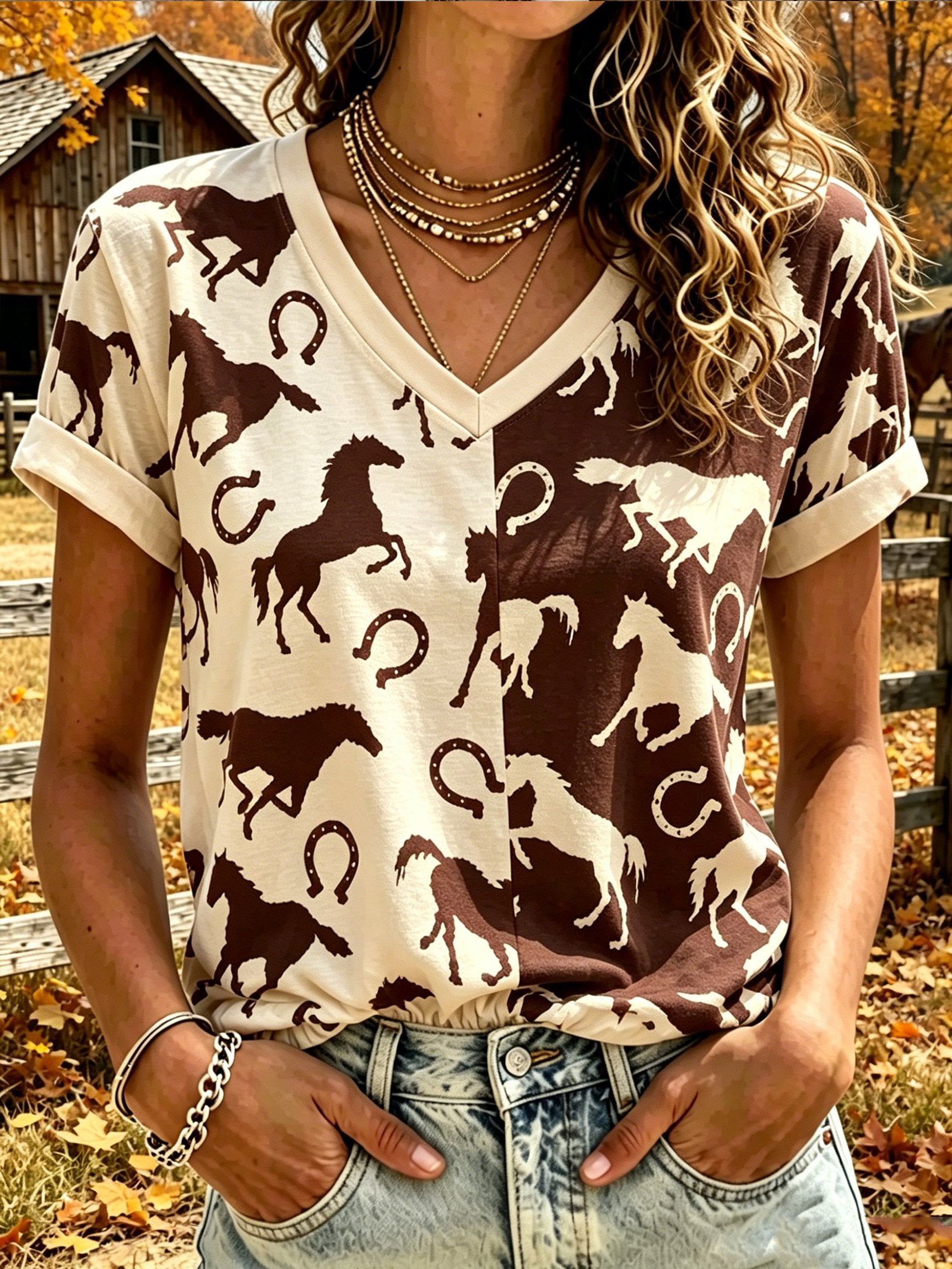 Damen Vintage Western-Stil Bedrucktes Freizeitoberteil