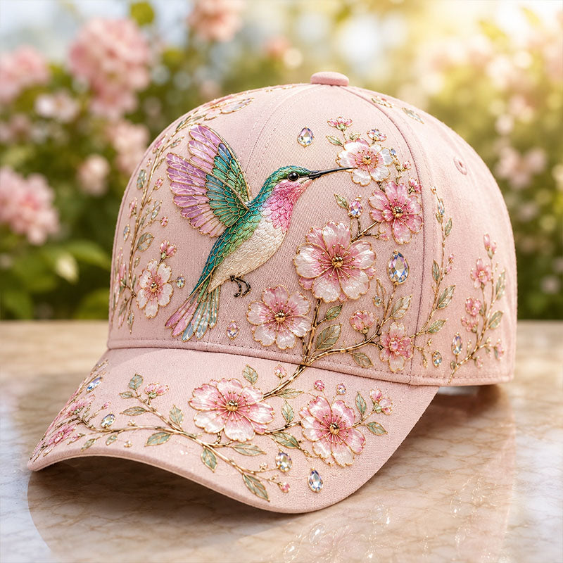 Pink hummingbird floral breast cancer baseball cap