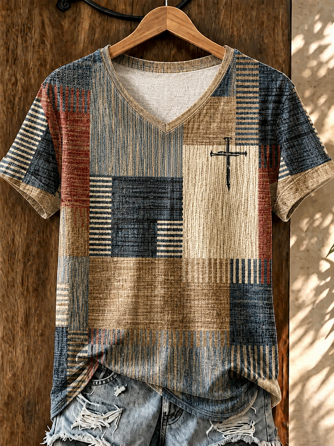 Damen-T-Shirt im Retro-Western-Stil mit V-Ausschnitt und Faith-Print