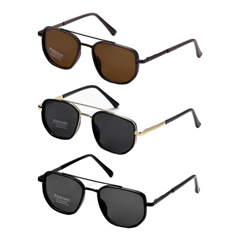 Lunettes de soleil polarisées géométriques pour hommes à double pont – Monture en métal style rétro
