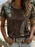 Damen T-Shirt mit Rundhalsausschnitt im Western-Retro-Stil mit Blumen und Kreuzen