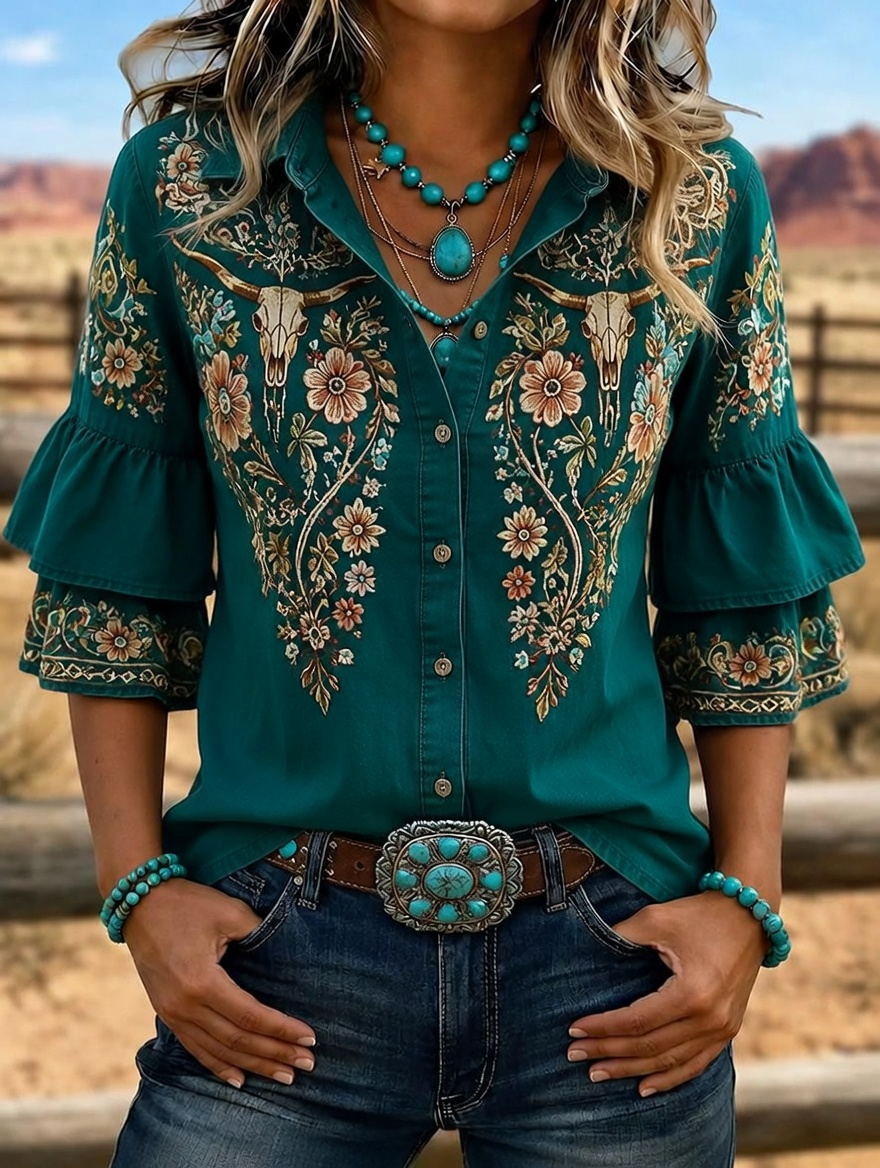 Chemise femme à manches volantées brodées tête de buffle Western