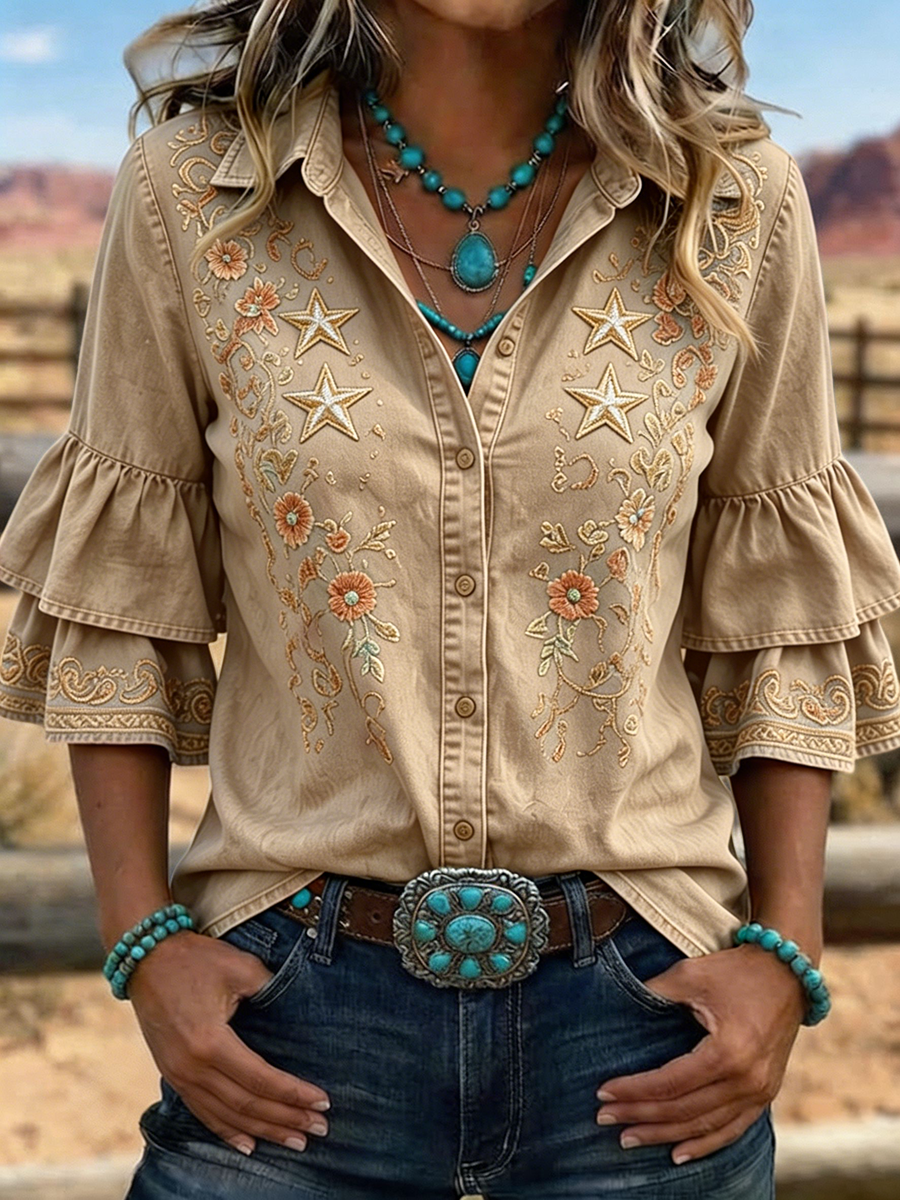 Chemise à manches volantées brodées florales Western Star pour femme