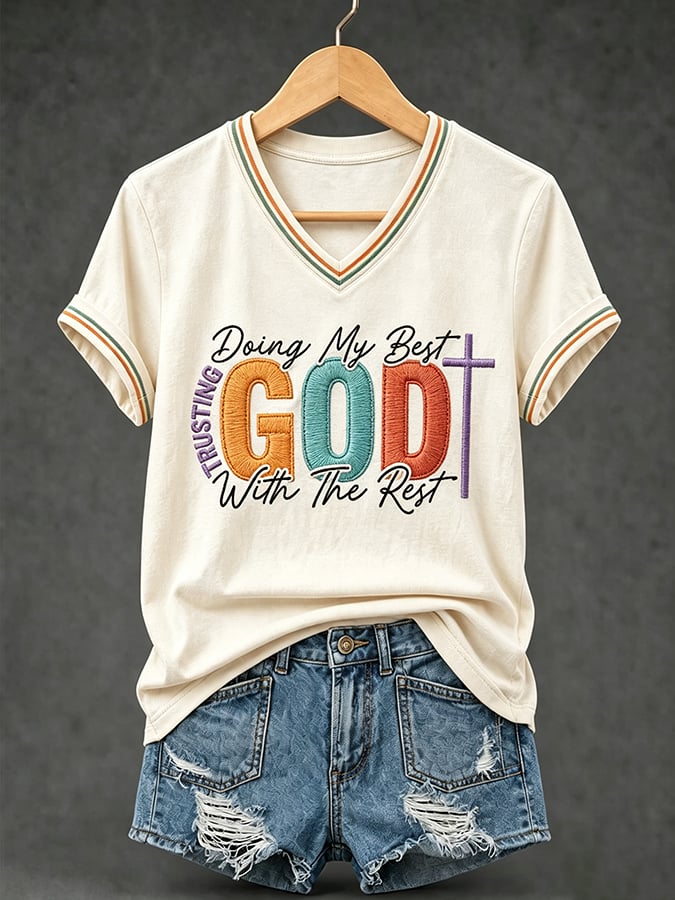 Women's Trusting God Print V Neck T-shirt