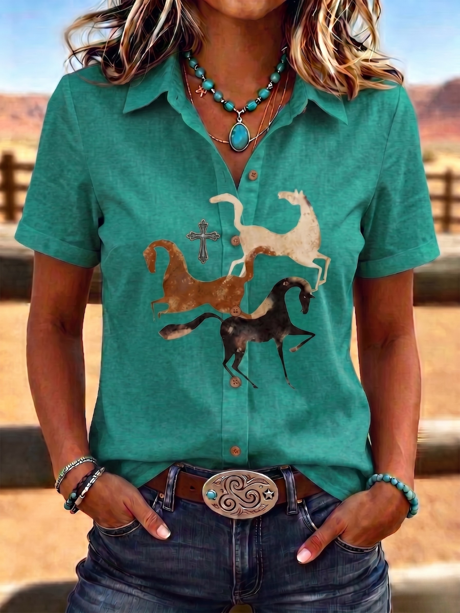 Damen Retro Western-Stil bedrucktes Kurzarmhemd