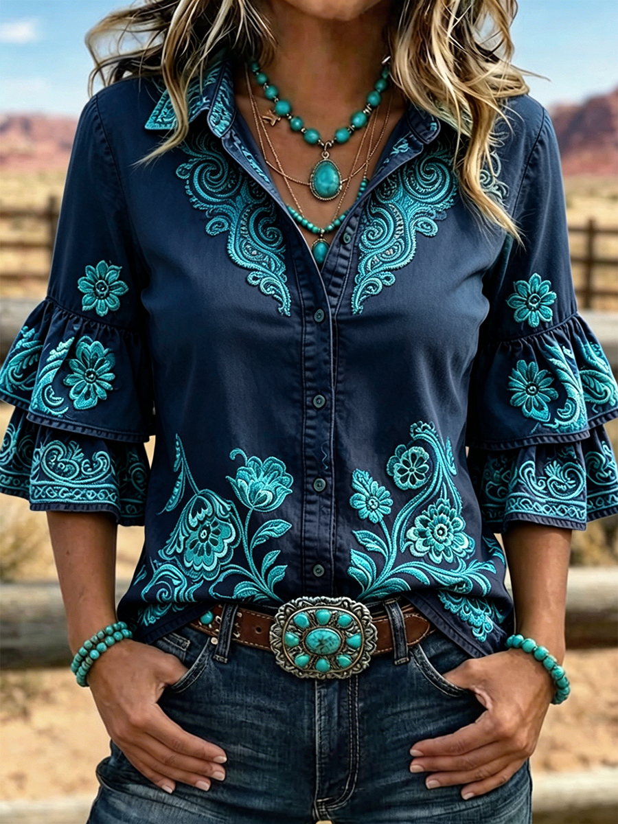 Women's Paisley Floral Embroidery Lapel Layer Ruffle Bell Sleeve Western Shirt