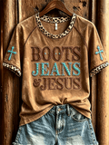 Damen Vintage Stiefel Jeans & Jesus Western Kreuz Leopardenmuster Kurzarm T-Shirt