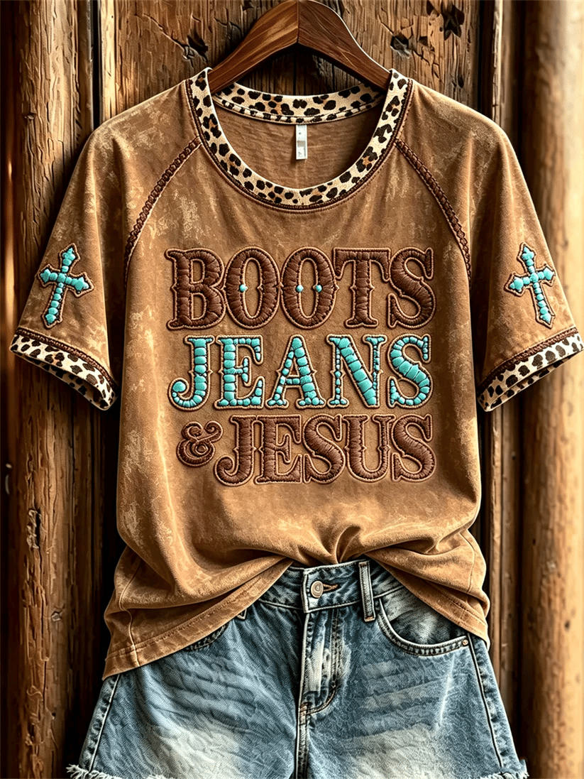 Damen Vintage Stiefel Jeans & Jesus Western Kreuz Leopardenmuster Kurzarm T-Shirt
