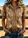 Damen Freizeit Retro Blumen Westernhemd  