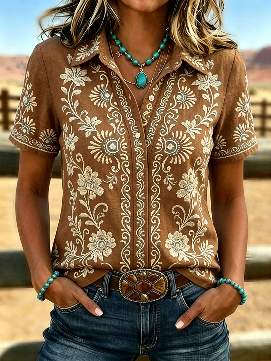 Damen Freizeit Retro Blumen Westernhemd  