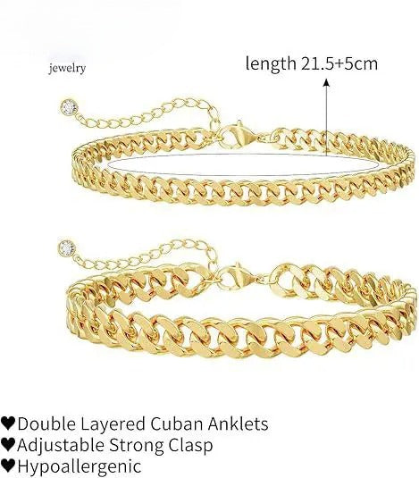 Waterproof Gold Plated Cuban Link Anklet Set for Women