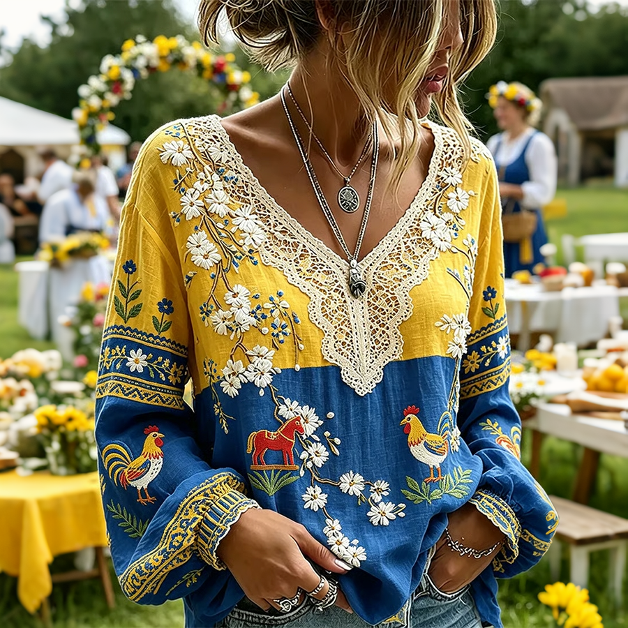 Damen Blumen-Print Freizeit-V-Neck-Oberteil