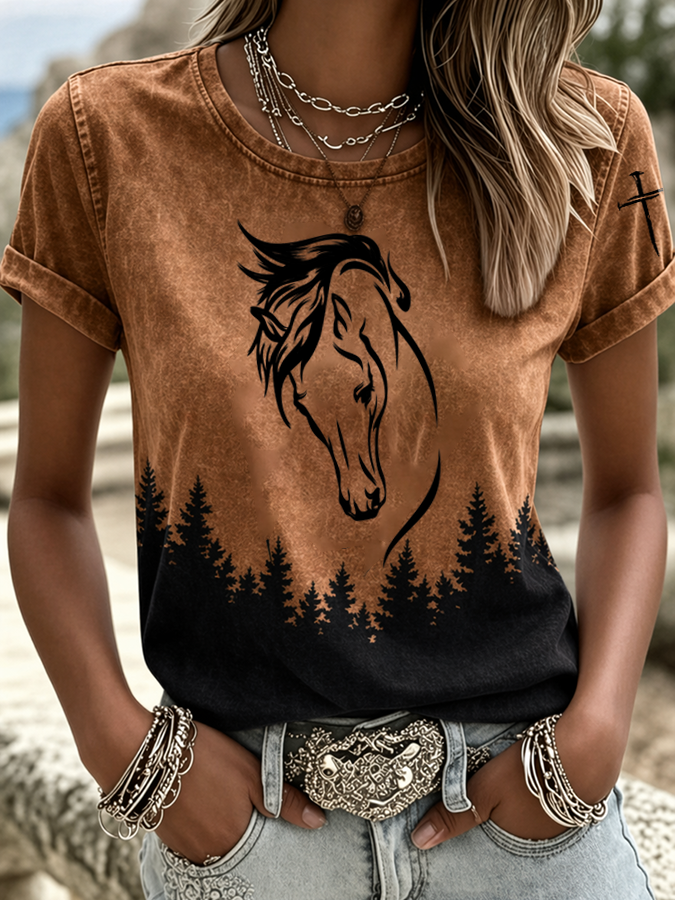 Retro Western Faith Print T-Shirt für Damen