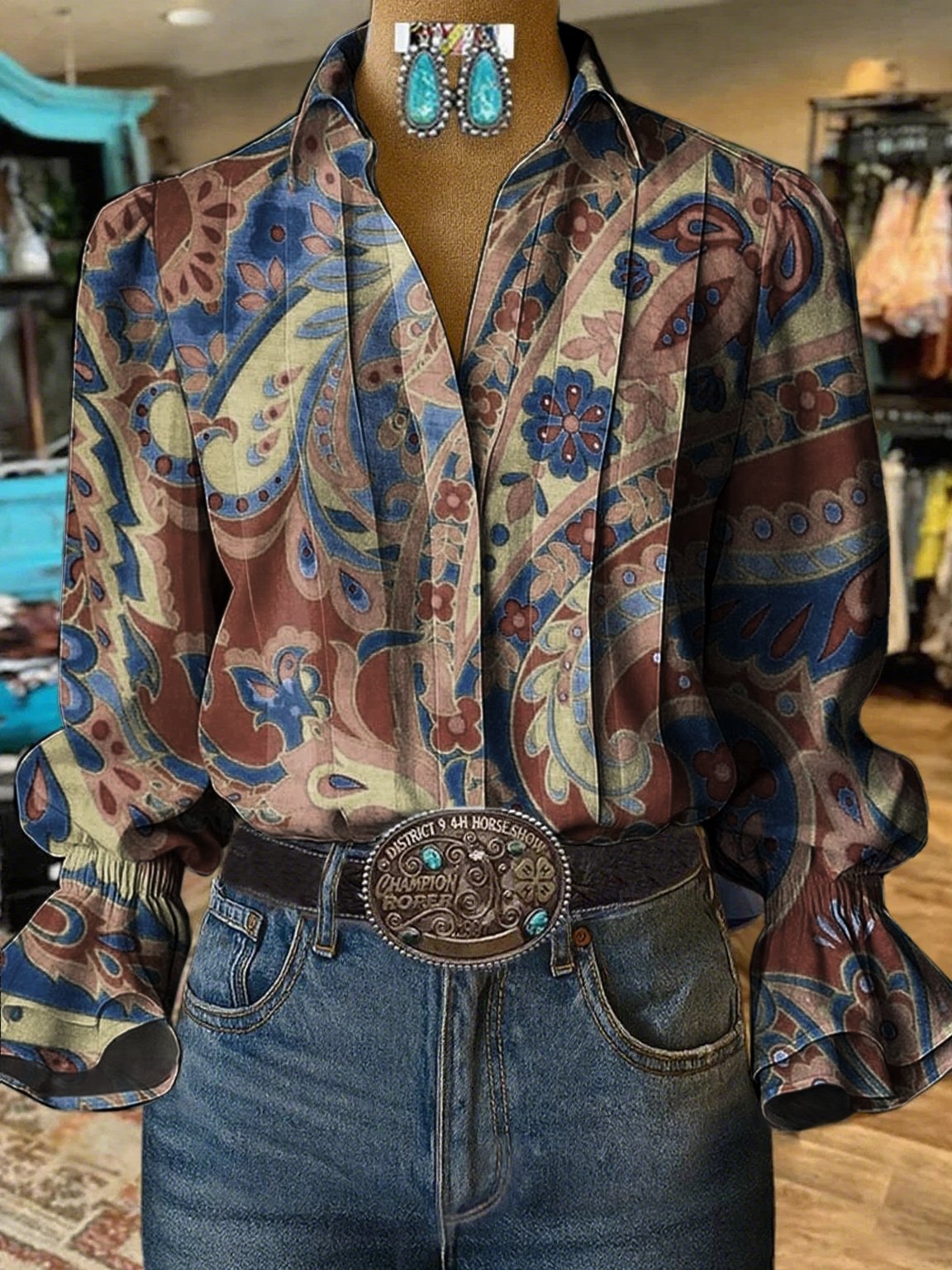 Chemisier décontracté à manches bouffantes et motifs pour femme de style western