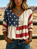 Damen Western Amerikanische Flagge Print Leinen Oberteil