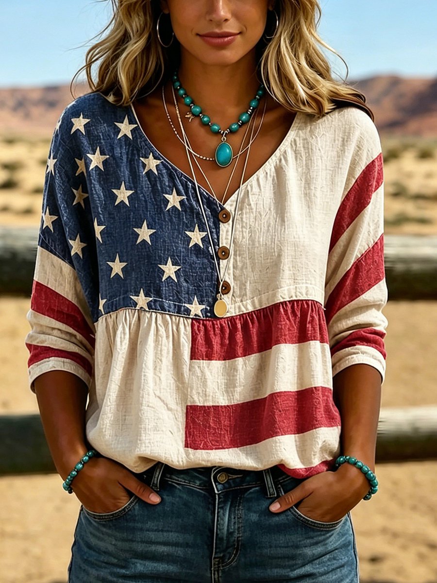 Damen Western Amerikanische Flagge Print Leinen Oberteil