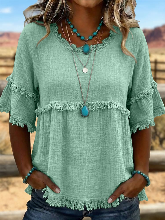 Women's Retro Art Fringed Casual Western Cotton And Linen Shirt