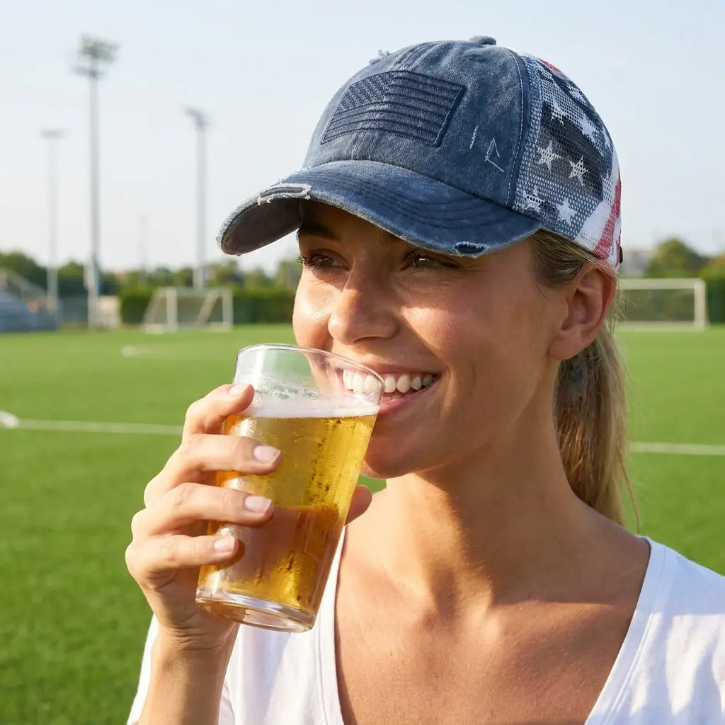 Casquette de baseball en coton drapeau américain avec dos croisé pour femme
