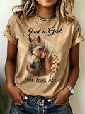 Damen T-Shirt im Western-Stil mit Rundhalsausschnitt und Tiermotiv