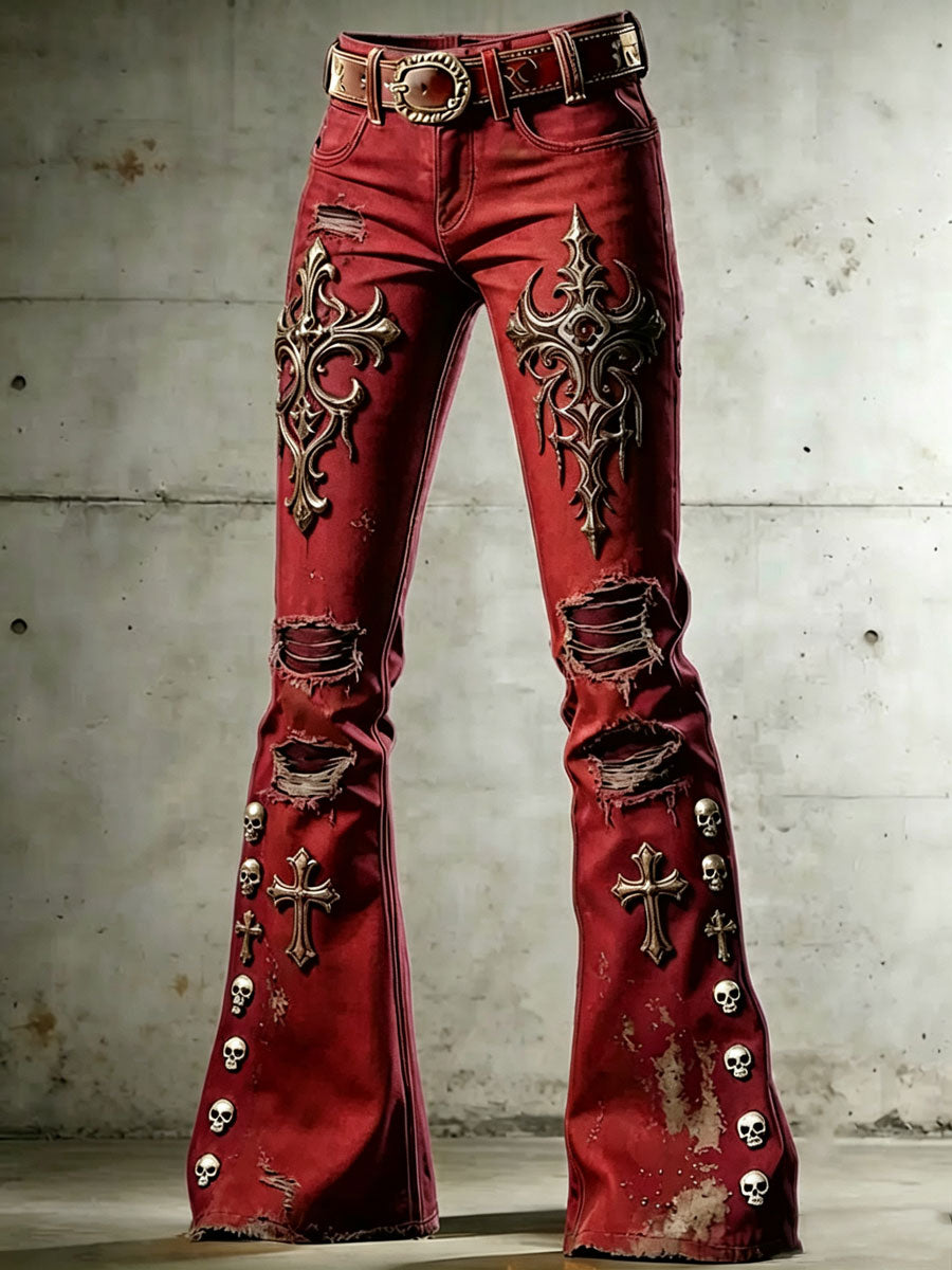 Pantalon évasé à imprimé artistique tête de mort gothique pour femme