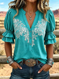 Damen Vintage Kunstdruck Puffärmel Freizeitshirt  