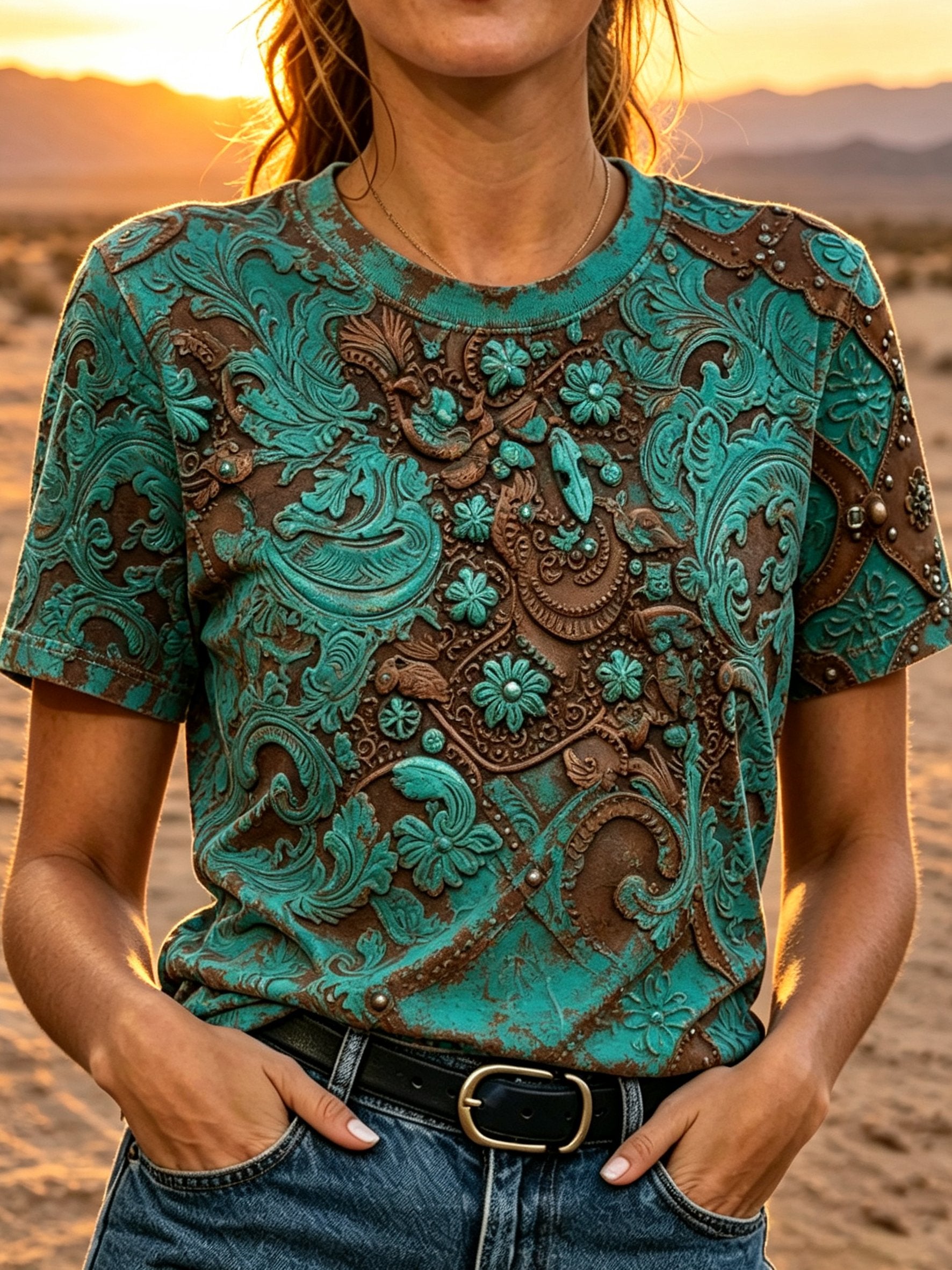 Damen Retro Western-Print Rundhals-Oberteil