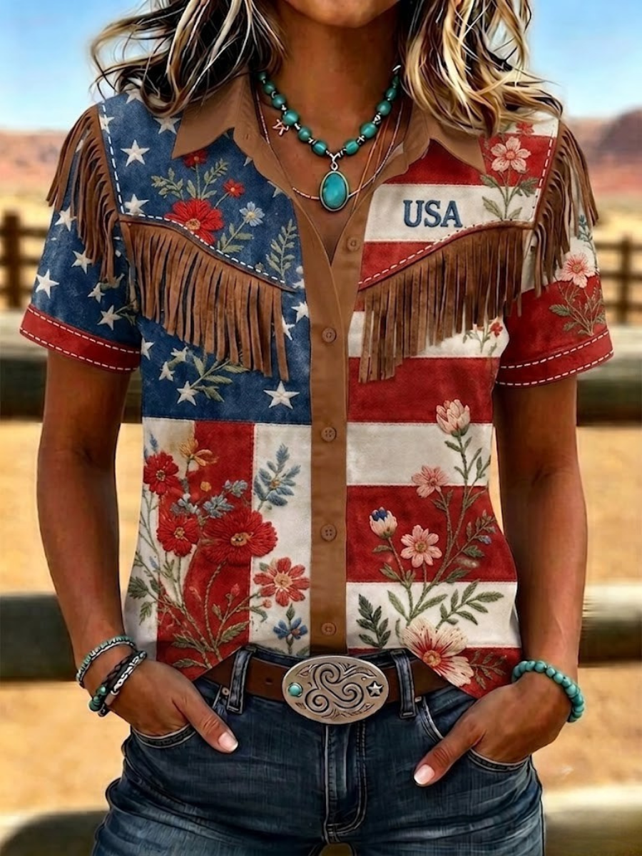 Damen Retro Western Stil Patriotisch Bedrucktes Kurzarmhemd