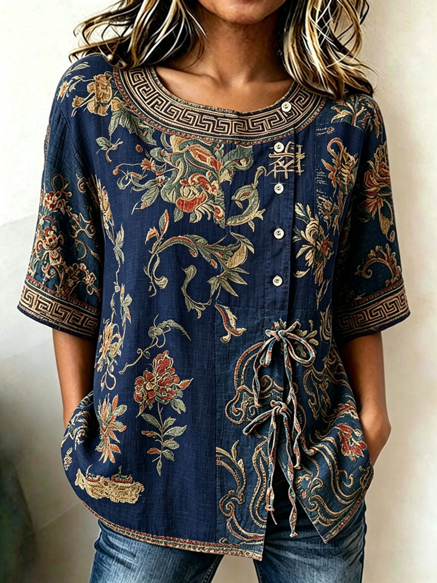 Women'S Casual Print Cotton Linen Top