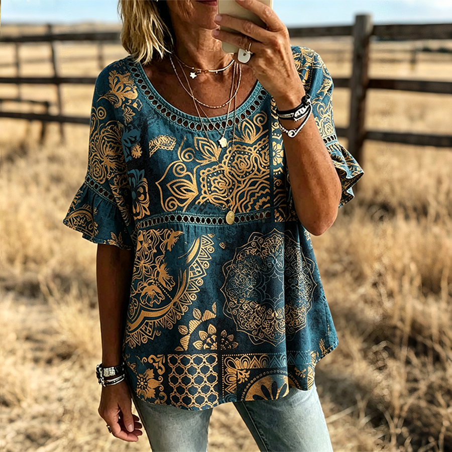 Damen Paisley-Print Spitzenbesatz Rüschen Kurzarm Western-Bluse
