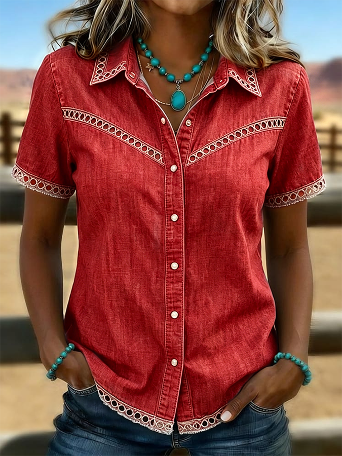 Damen Western Stil Retro Einfarbig Freizeit Hohles Denimhemd  